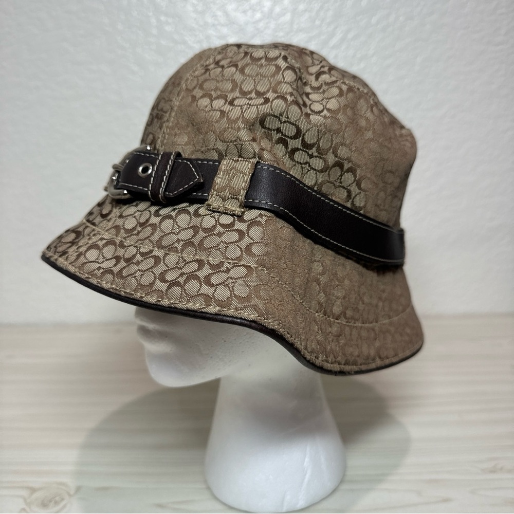 VTG womens Coach Bucket Hat Signature C Brown Leather Strap Silver Buckle  small